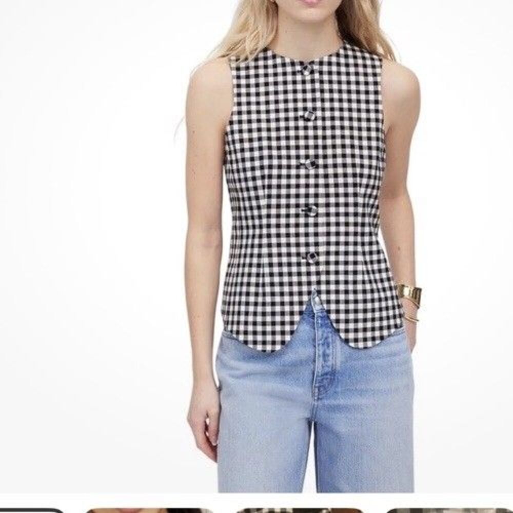 Reformation Addison Gingham LINEN  Vest Black White Button Front Top Size Medium